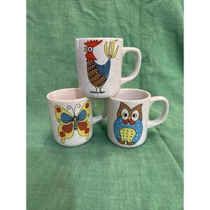 Vintage Stoneware 3 Piece‎ Mug Set Rooster Owl Butterfly Speckled Made in Japan